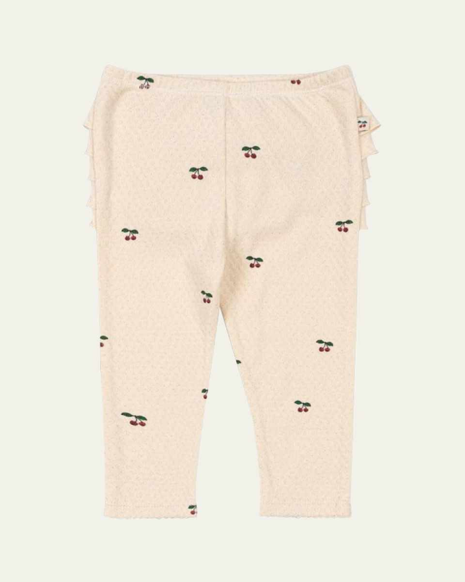 Girl's Sui Cherry-Print Ruffle Trim Pants, Size 9M-3